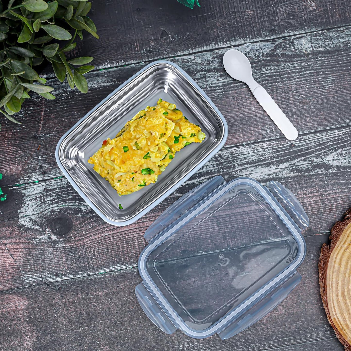 Royalford 850ml Lunch Box RF12187 with Stainless Steel Spoon Plastic Body, Rectangle Tiffin with Lid, 4 Side Locks Food-Grade, BPA-Free, Airtight and Leak proof Containers to Keep Foods Fresh Design