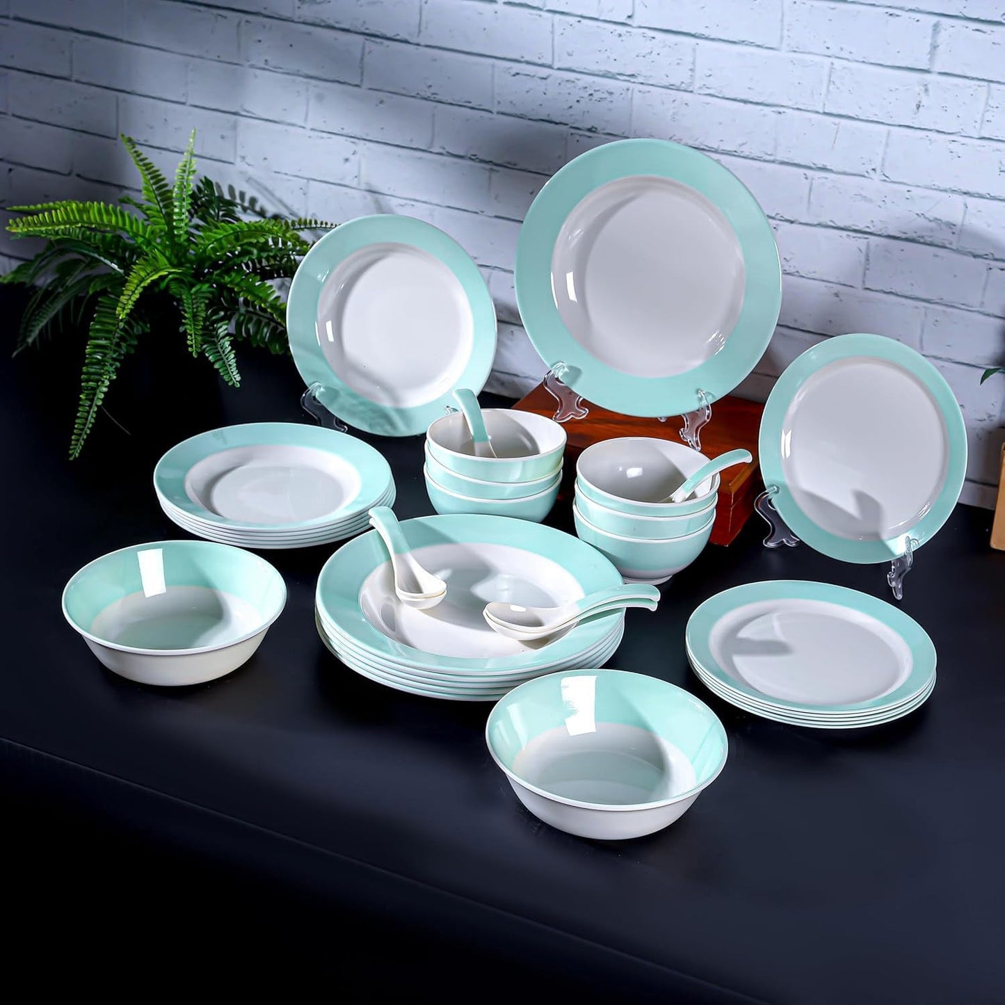 Royalford 32pcs Melamineware Dinner Set RF12511 Includes Deep and Side Plates, Serving and Rice Bowls and Soup Spoons Dishwasher-Safe and Freezer-Friendly Food-Grade