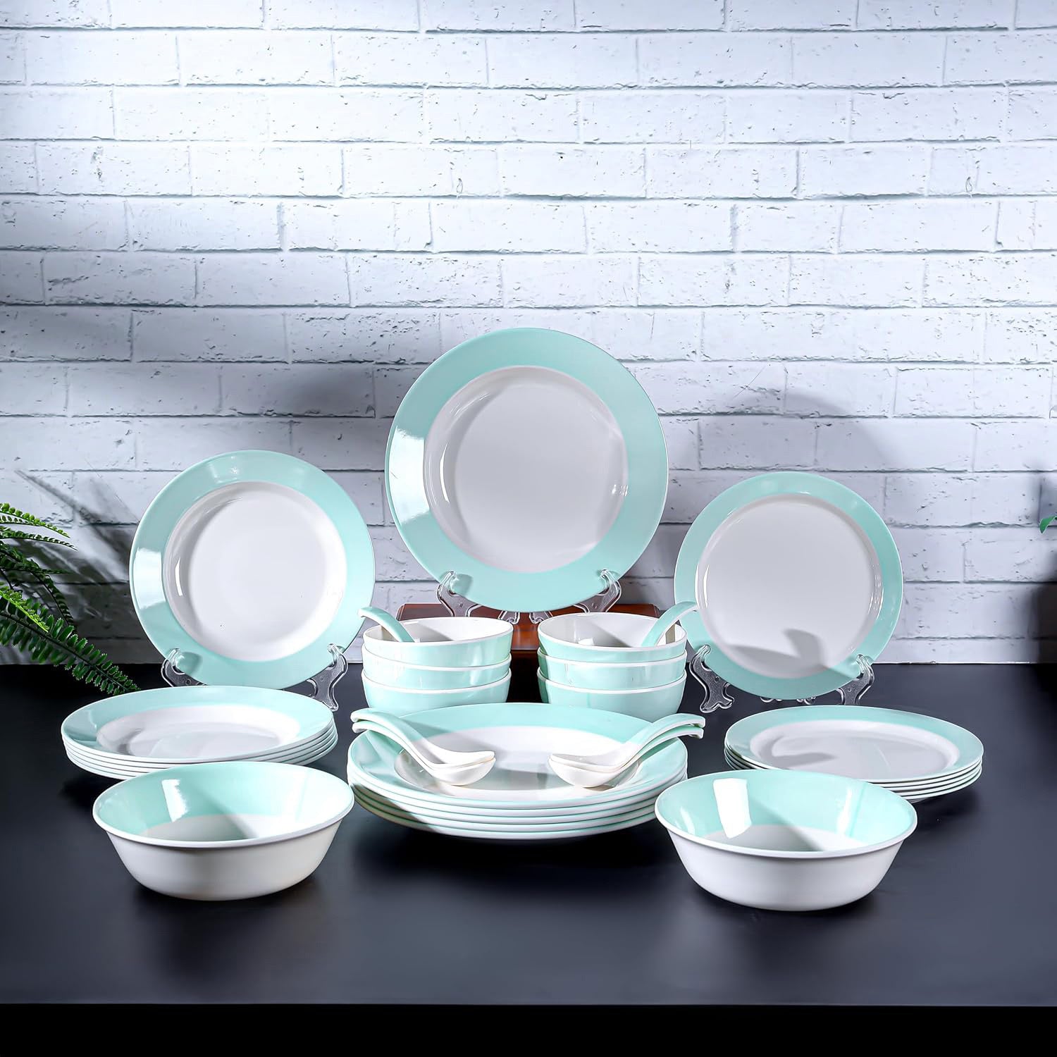 Royalford 32pcs Melamineware Dinner Set RF12511 Includes Deep and Side Plates, Serving and Rice Bowls and Soup Spoons Dishwasher-Safe and Freezer-Friendly Food-Grade