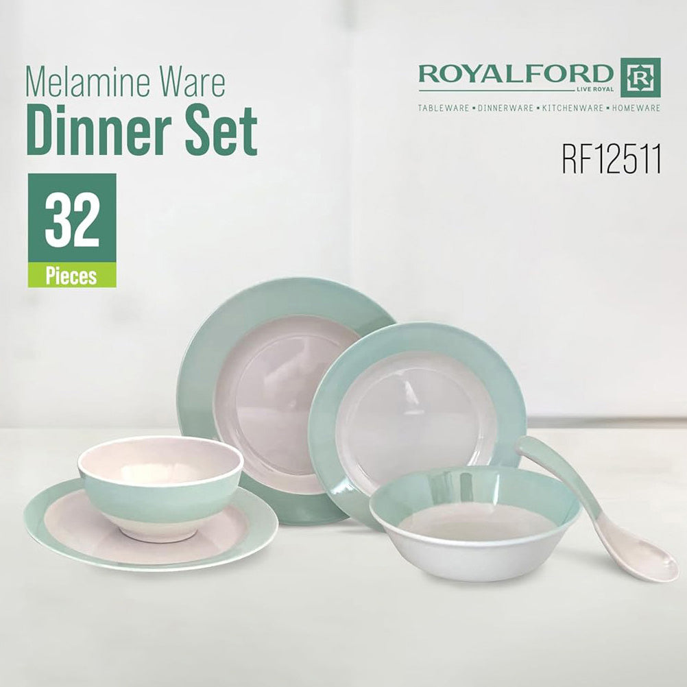 Royalford 32pcs Melamineware Dinner Set RF12511 Includes Deep and Side Plates, Serving and Rice Bowls and Soup Spoons Dishwasher-Safe and Freezer-Friendly Food-Grade