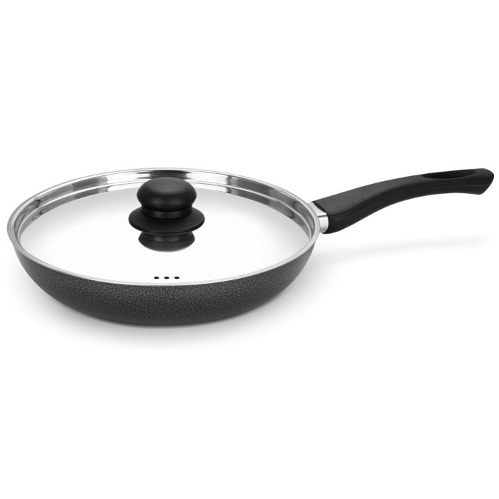 Royalford 22 cm Aluminum Nonstick Frypan with Stainless Steel Lid- RF12519/ Strong Body with 3 Layer Coating and Heat Resistant Bakelite Handle/ Perfect for Frying, Sauting, Tempering/ Black