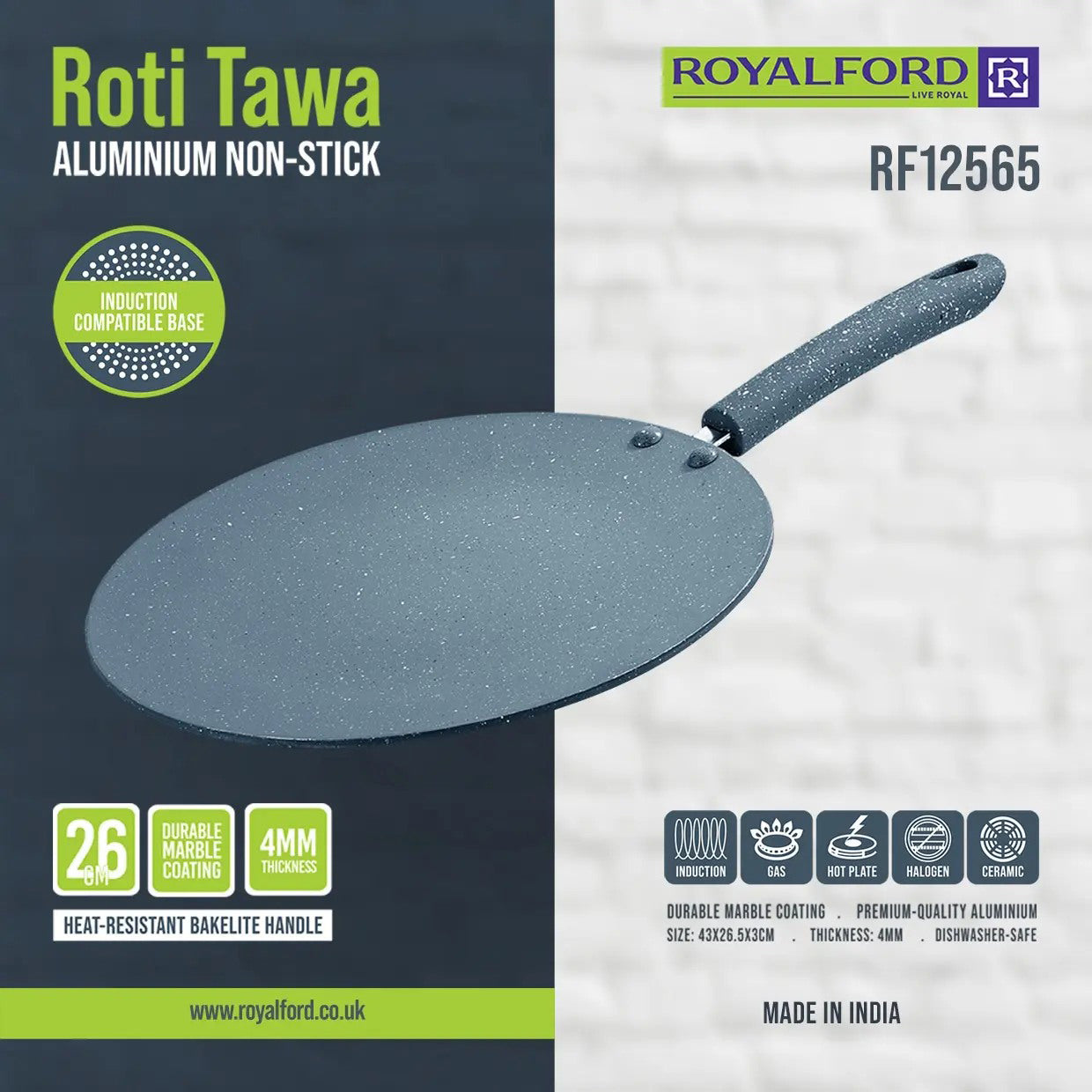 Royalford Non-Stick Coating Tawa Pan, 26cm, Round