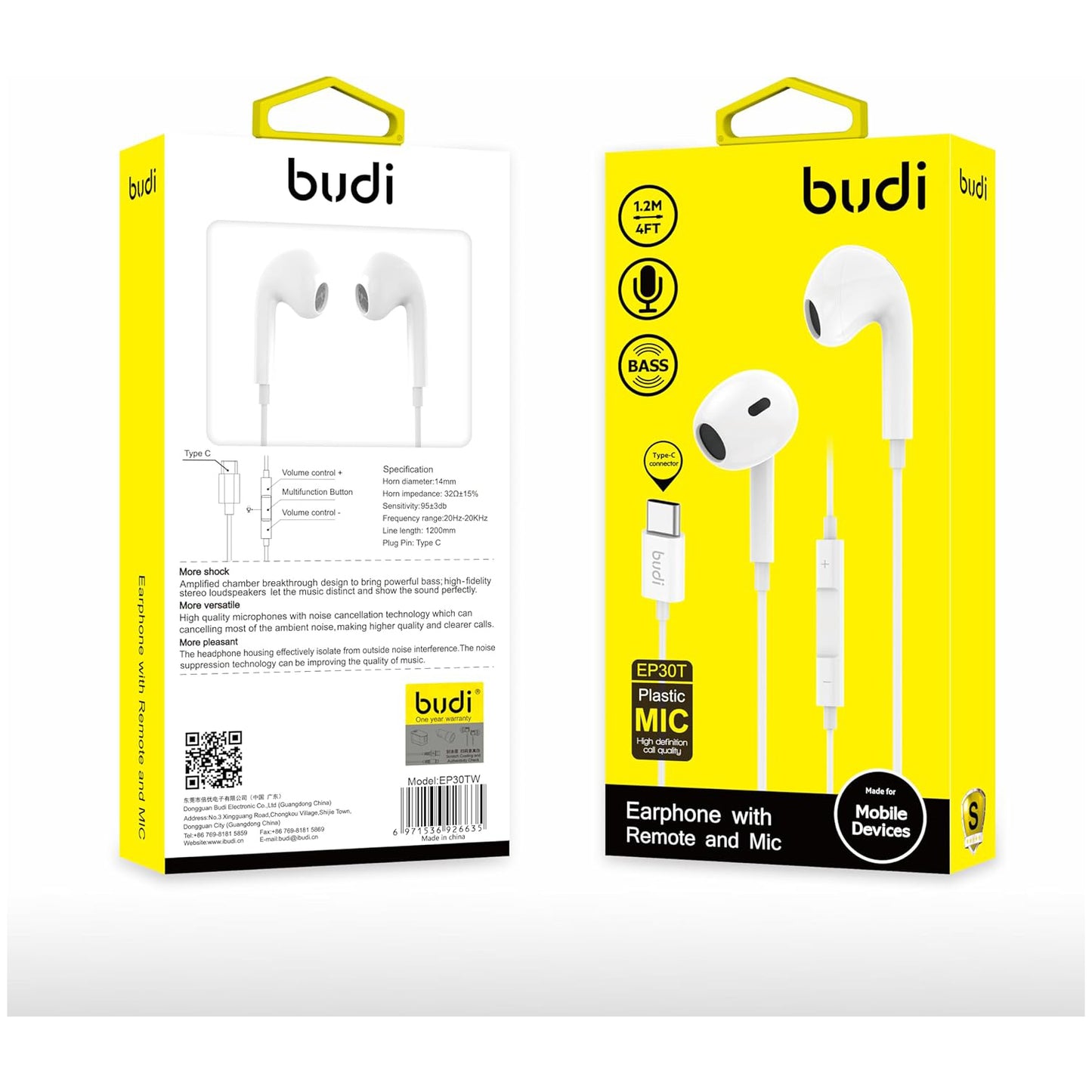 Budi Earphone With Remote & Mic 1.2M / 4Ft Type-C | Bass Sound Quality | Ergonomic Design | Compatible with Galaxy S22, S21+, Note 20, 10, Huawei P30, Lite Mate 20 Pro, Xiaomi Mi 11, etc. 