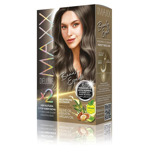 MAXX DELUXE BEAUTY EXPERT HAIR COLOR (KERATIN) 1 BOX (2 X 50 ML) (Intense Ash Dark Blonde 6.11)