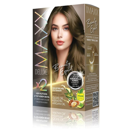 MAXX DELUXE BEAUTY EXPERT HAIR COLOR (KERATIN) 1 BOX (2 X 50 ML) (Intense Ash Blonde 7.11)