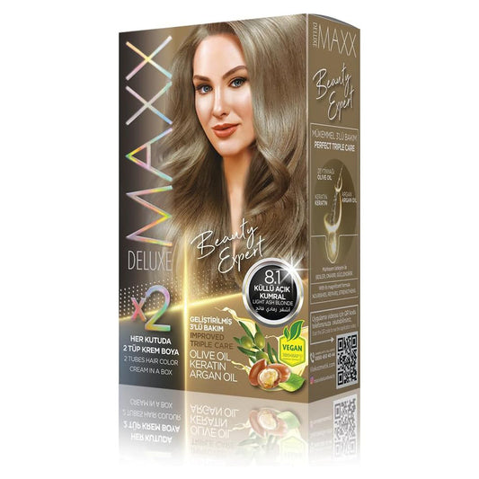 MAXX DELUXE BEAUTY EXPERT DEVELOPED TRIPLE CARE (1 BOX 2x50ml Color Cream and Developers) (Light Ash Blonde 8.1)