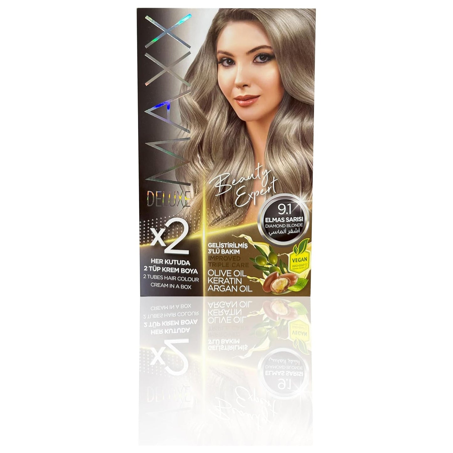 MAXX DELUXE BEAUTY EXPERT HAIR COLOR (KERATIN) 1 BOX (2 X 50 ML) (Diamond Blonde 9.1)