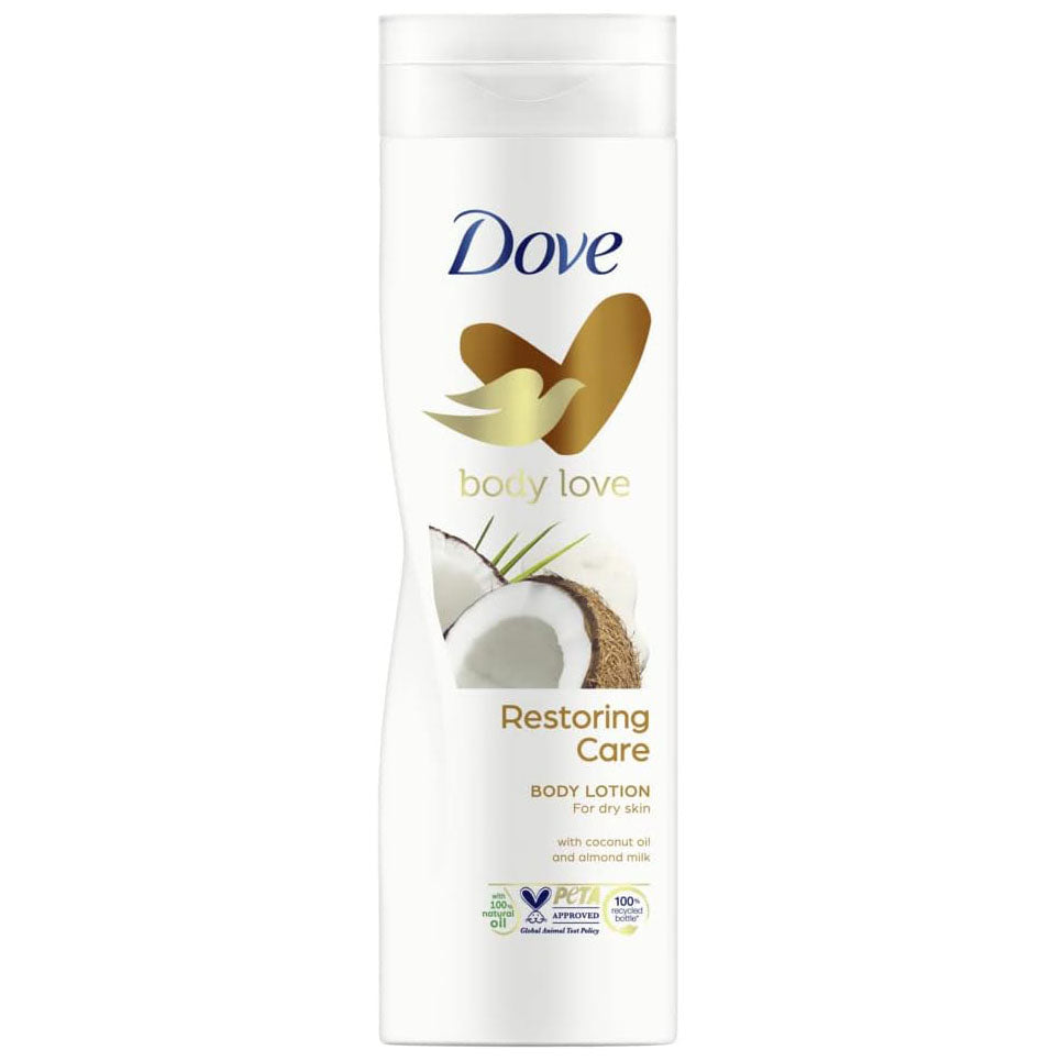 Dove Body Love Restoring Care Body Lotion, made with 100 percent Natural Oils, Coconut Oil and Almond Milk, up to 72 hours of Moisturization, 250ml