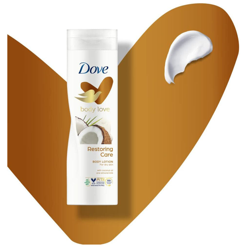 Dove Body Love Restoring Care Body Lotion, made with 100 percent Natural Oils, Coconut Oil and Almond Milk, up to 72 hours of Moisturization, 250ml