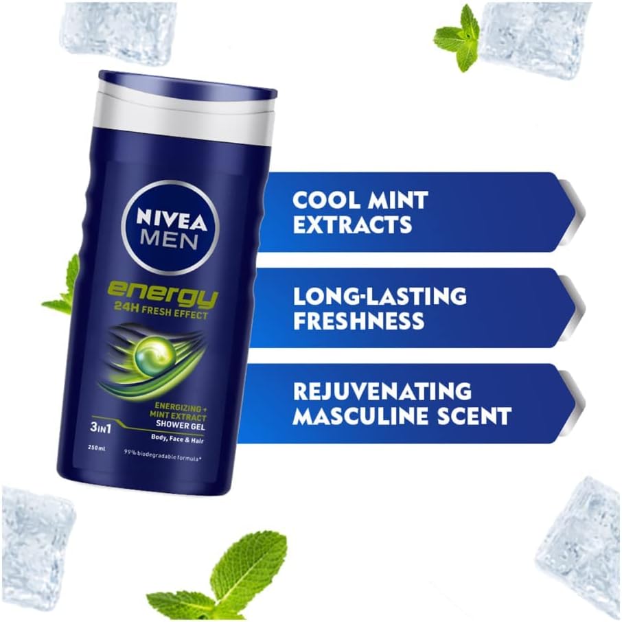 NIVEA MEN Hair, Face & Body Wash, Energy Shower Gel, 250ml
