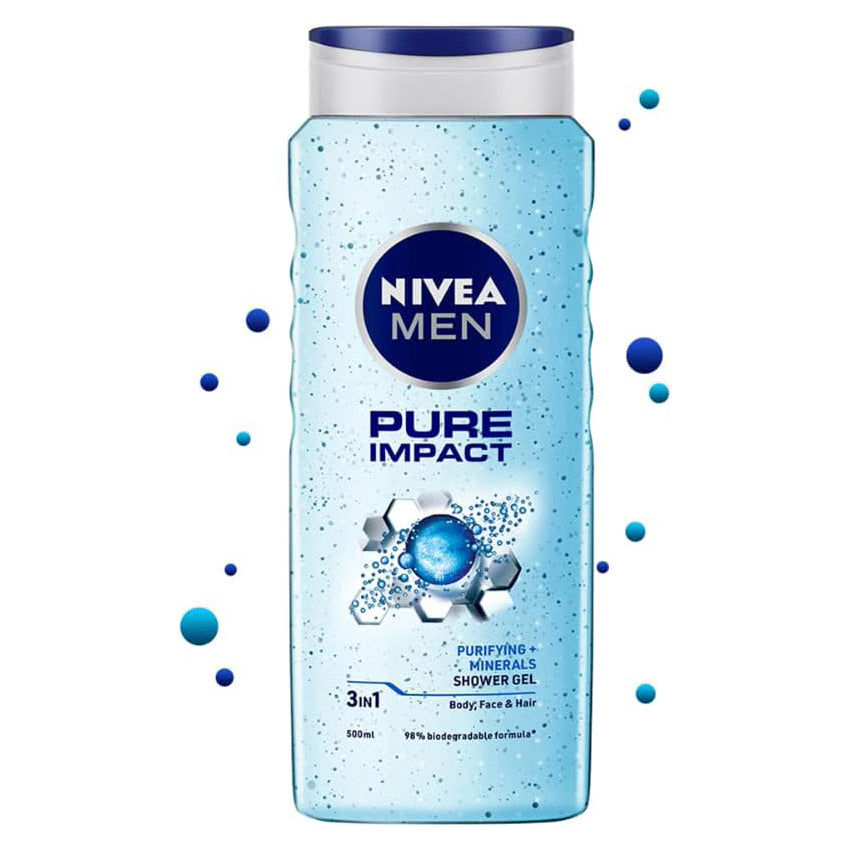 NIVEA MEN Hair, Face & Body Wash, Pure Impact Shower Gel, 500ml