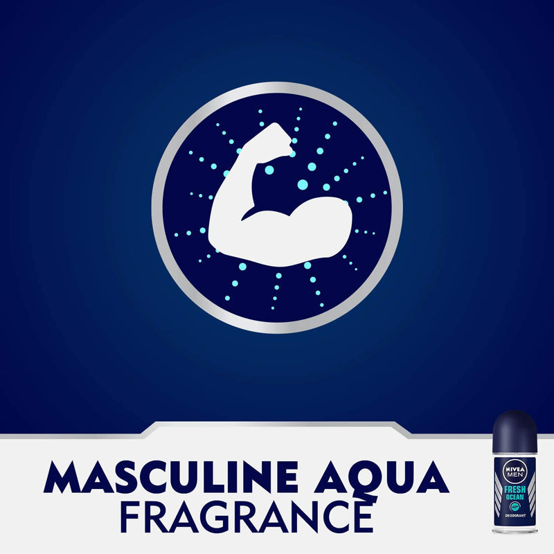 NIVEA MEN Deodorant Roll-on for Men, Fresh Ocean Aqua Scent, 50ml
