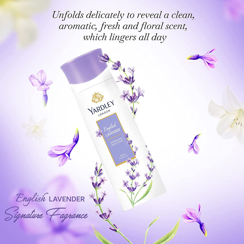 Yardley English Lavender Body Spray For Women, Floral Aromatic Freshness, Relaxing And Calming Scent, 200 Ml