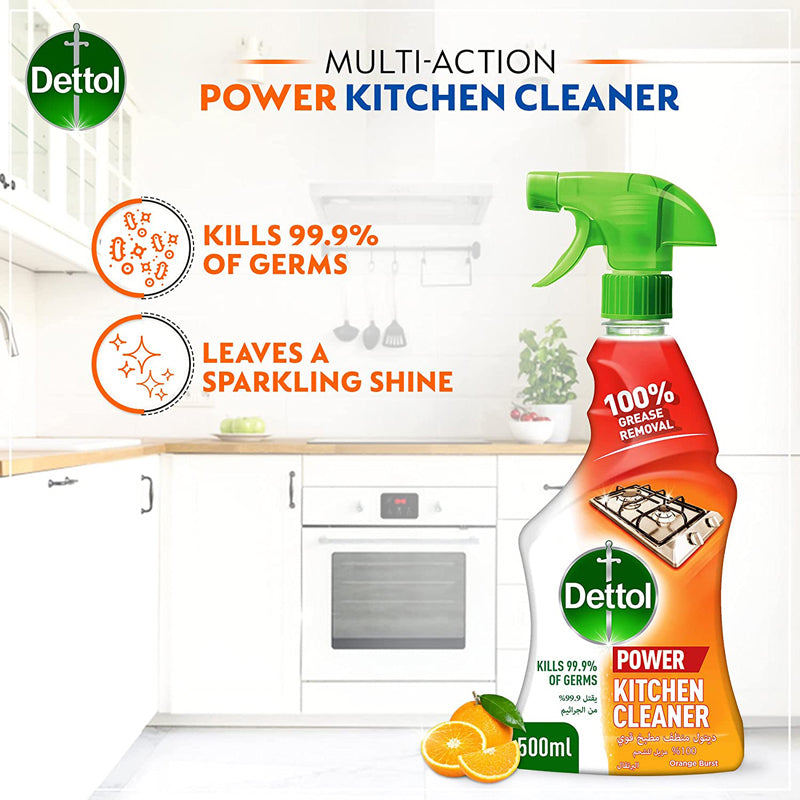 Dettol Orange Burst Power Kitchen Cleaner for 100% Removal of Grease (Kills 99.9% Germs), Trigger Spray, 500ml