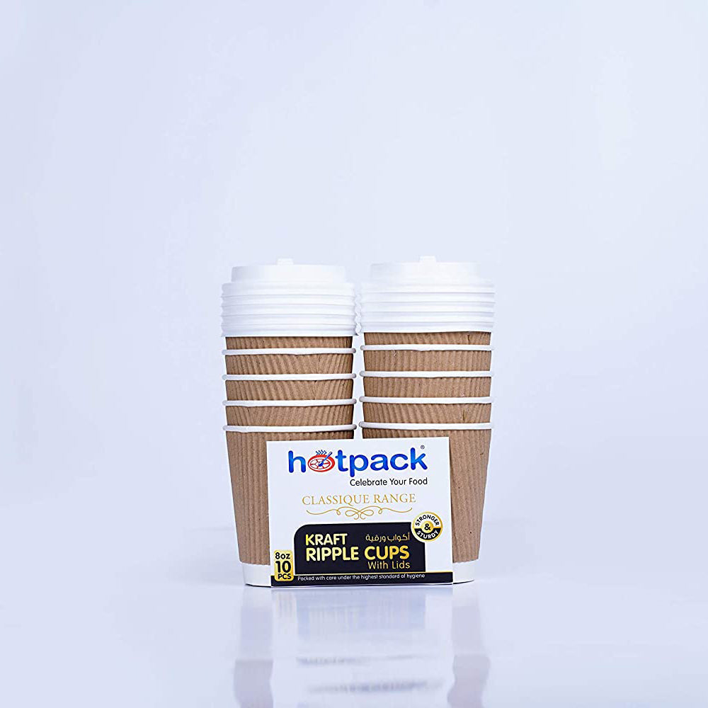 Hotpack Kraft Ripple Cup with Lid, 8 Oz, 10 PCS