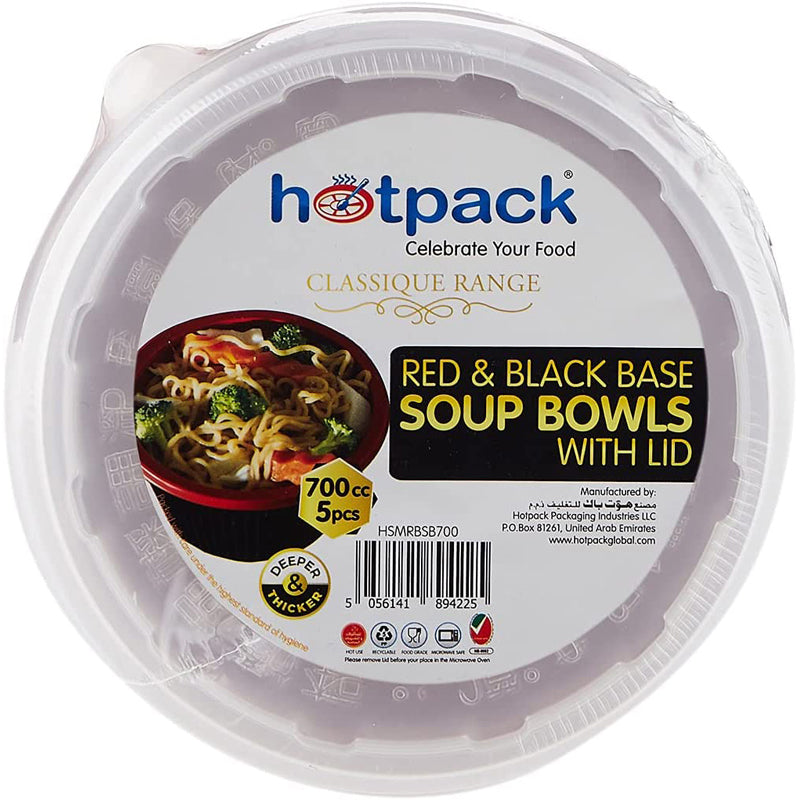Hotpack Disposable Red & Black Base Food Storage, Hot Use, Soup Bowls 700ml with Lid, 5 PCS
