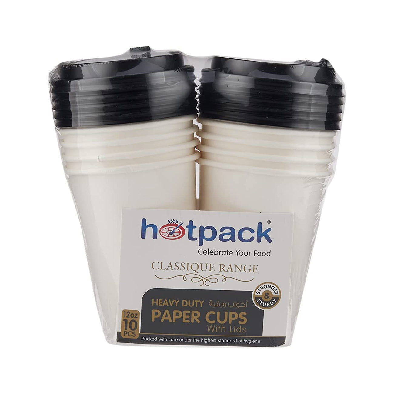 Hotpack Disposable Heavy Duty Paper Cup White 12 ounce with Black Lid, for Hot & Cold Drinks, Coffee & Tea. 10 PCS