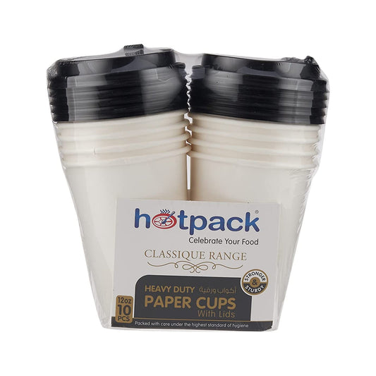 Hotpack Disposable Heavy Duty Paper Cup White 12 ounce with Black Lid, for Hot & Cold Drinks, Coffee & Tea. 10 PCS