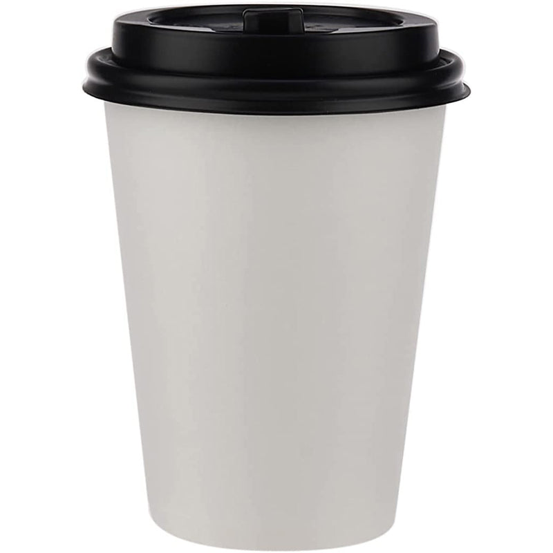 Hotpack Disposable Heavy Duty Paper Cup White 12 ounce with Black Lid, for Hot & Cold Drinks, Coffee & Tea. 10 PCS