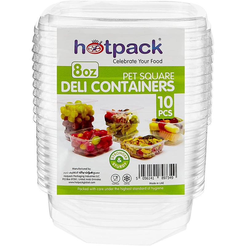 Hotpack Disposable PET Clear, Food Storage, Deli Container Square with Lid 8 OZ, 10 PCS