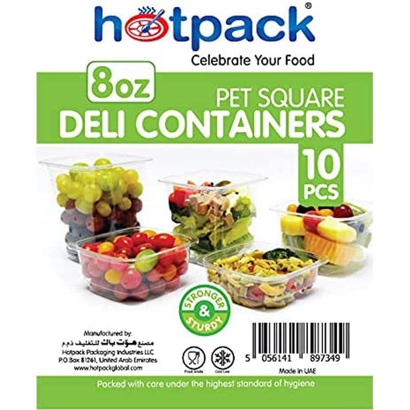 Hotpack Disposable PET Clear, Food Storage, Deli Container Square with Lid 8 OZ, 10 PCS