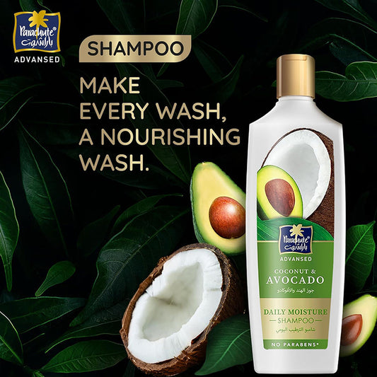Parachute Advansed Daily Moisture Shampoo with Avocado and Coconut | Moisture Hair and Reduces Hair Breakages | 0% Harmful Chemicals | 340ml