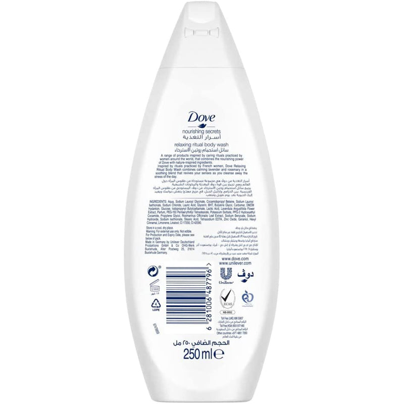 Dove Relaxing Body Wash With Renew Blend Technology, Lavender Oil And Rosemary Extract, With ¼ Moisturising Cream, 250Ml