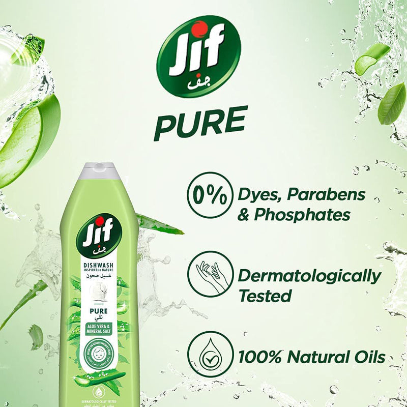 JIF Pure Hand Dishwash Suitable for cleaning childrens dishes Aloe Vera & Mineral Salt Tested by dermatologist 750ML 1