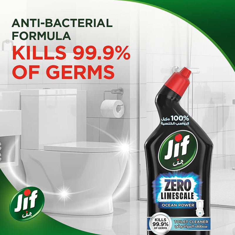 JIF Anti-Bacterial Toilet Cleaner for 100% limescale removal, Ocean Power Disinfects and kills 99.9% of germs, 750ml