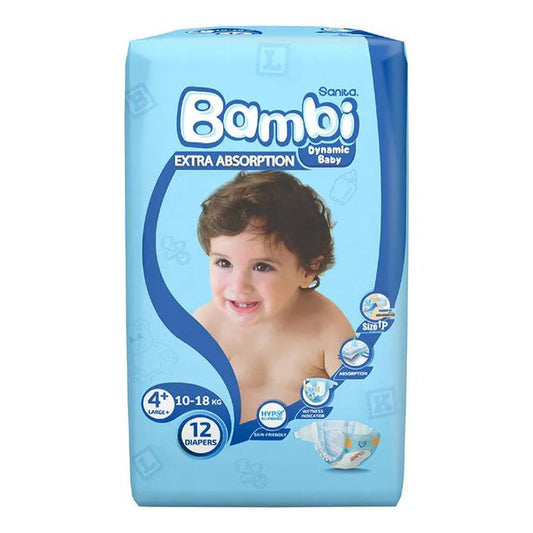 Sanita Bambi Baby Diapers, Size 4+ (10-18 KG) 12 Pieces
