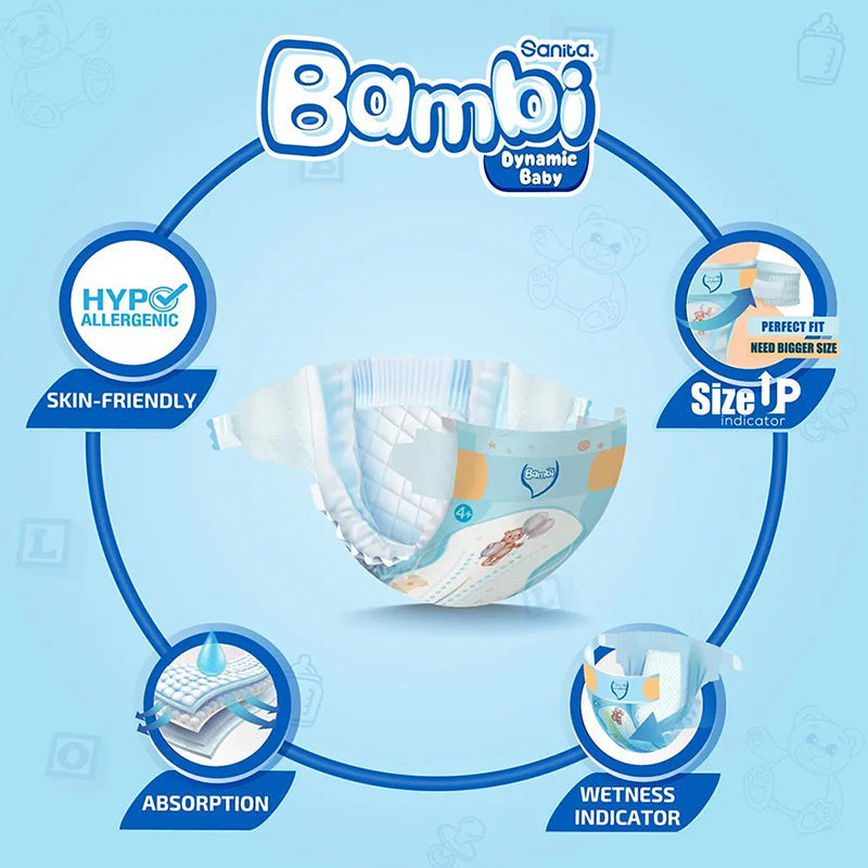Sanita Bambi Baby Diapers Value Pack Size 4+ Large+ (10-18KG) 33 Pieces