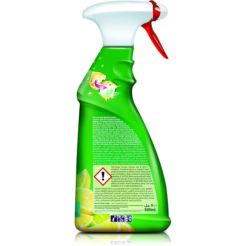 Dac Kitchen Cleaner Trigger Spray - Lemon And Lime (500 ml), Kitchen Cleaner For Germs And Bacteria Removal, Fat Repel Technology And Long-Lasting Cleanliness