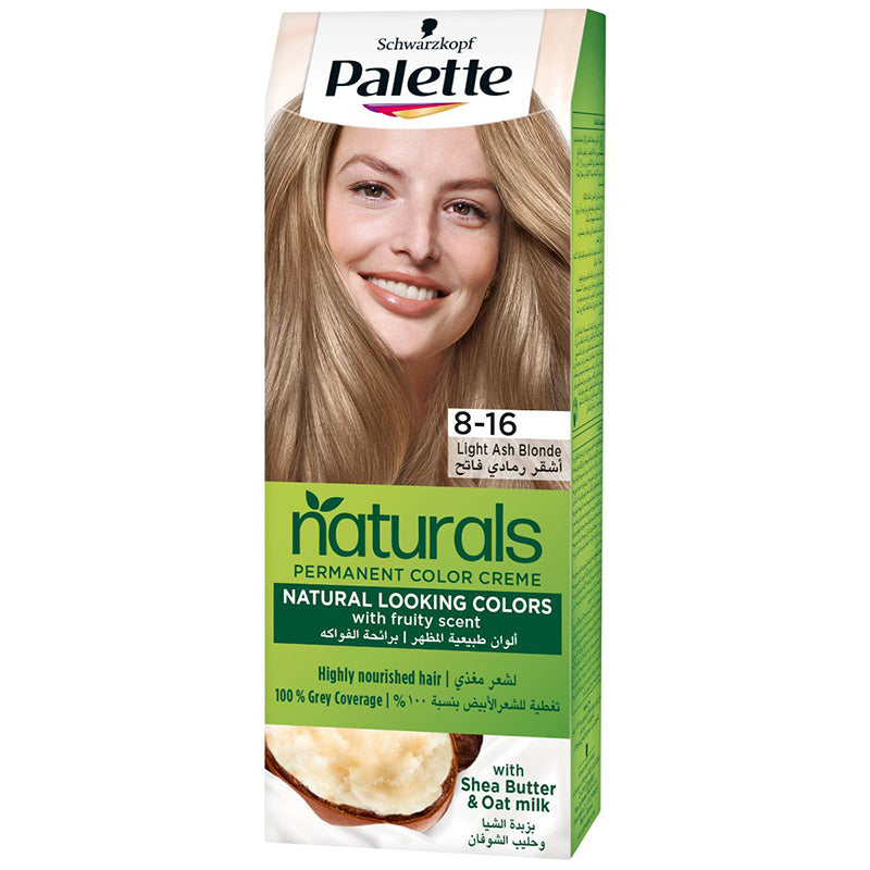 Palette, Hair Colors, Permanent Natural Color, with Shea Butter & Oat Milk, 8-16 Light Ash Blonde - 1 Kit
