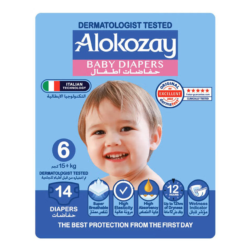 Alokozay Premium Baby Diapers - Size 6 (15+ Kg) Diapers for Toddler - 14 Diapers