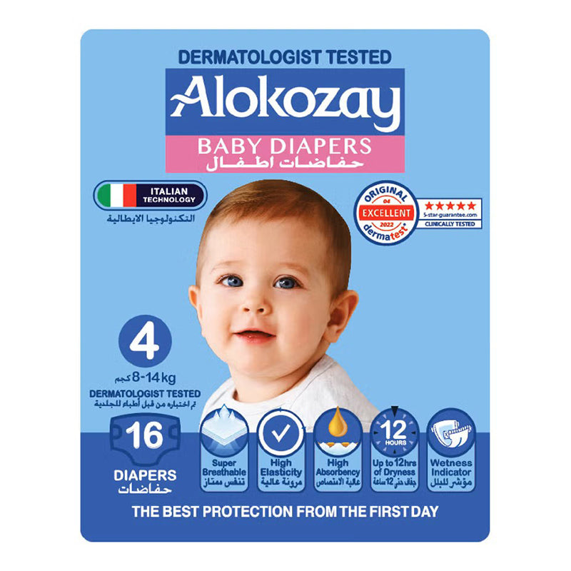 Alokozay Premium Baby Diapers - Size 4 (8-14 Kg) No Rashes & High Absorbency - 16 Diapers