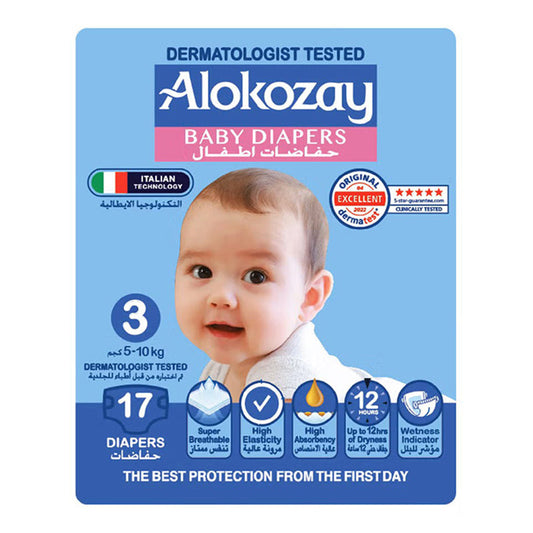 Alokozay Premium Baby Diapers - Size 3 (5-10 Kg) Leakage Protection - 17 Diapers