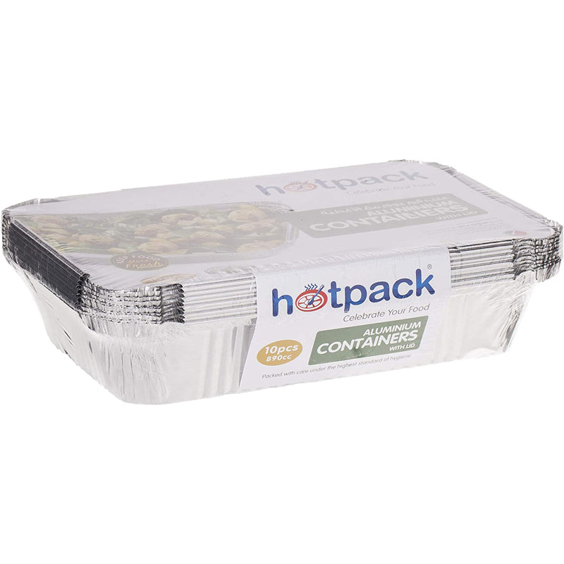 Hotpack Disposable Food Storage, Take away, Aluminium Food Container Silver with Lid Rectangular 890cc, 10 PCS