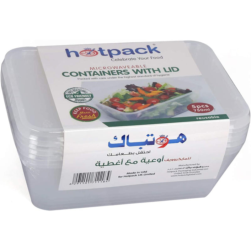 Hotpack Disposable Food Storage, Food Packaging & Take Away, Microwave Food Container Rectangular 750ml, 5 PCS