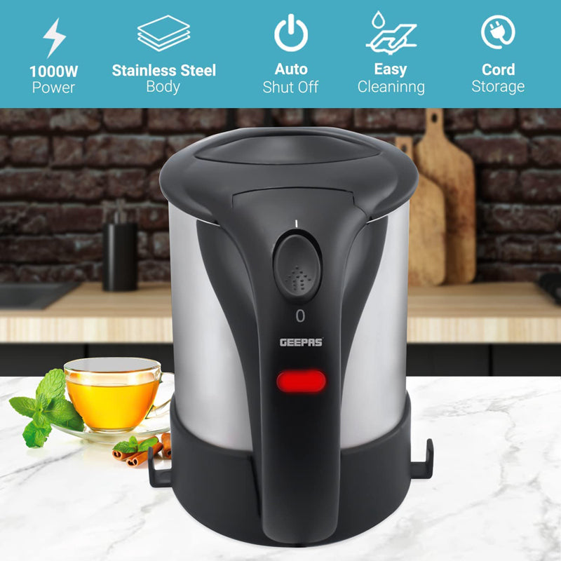 Geepas 0.5L Electric Kettle 1000W - Portable Design Stainless Steel Body | On/Off Indicator With Auto Cut Off | Fast Boil Water, Milk, Coffee, Tea | 2 Year Warranty