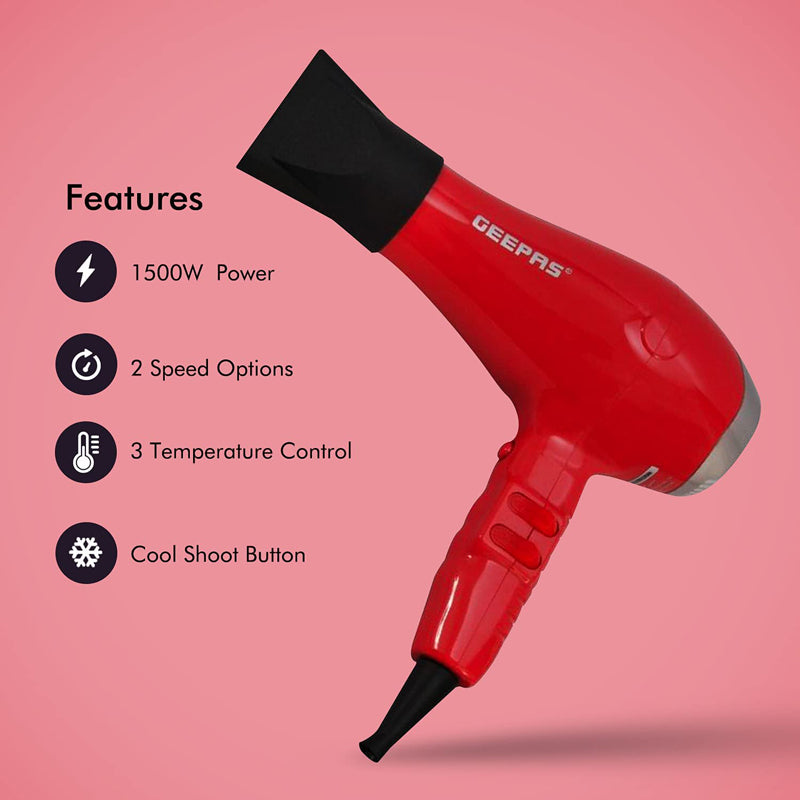 Geepas 1500W Powerful Ionic Hair Dryer | 3-Speed & 3 Temperature Settings | Salon Quality With Cool Shot Function For Frizz-Free Shine