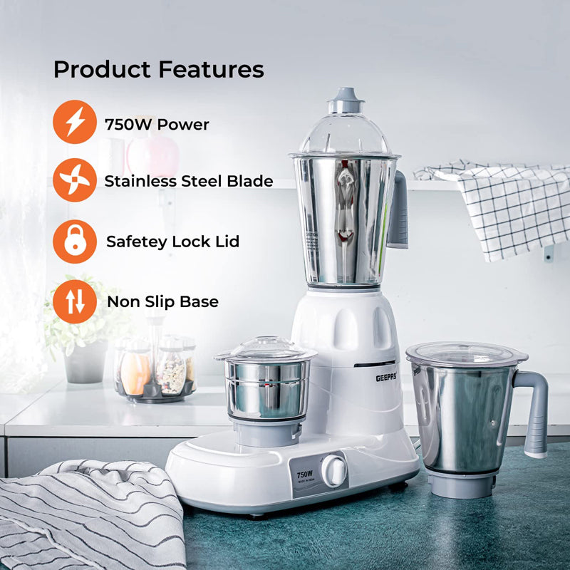 Geepas 750W 3-in-1 Mixer Grinder – Multifunctional Grinder with Stainless Steel Jars & Blades – 3 Speed, Safety Twist Lock – Perfect for Dry & Wet Fine Grinding Mixing Juicing – 2 Year Warranty