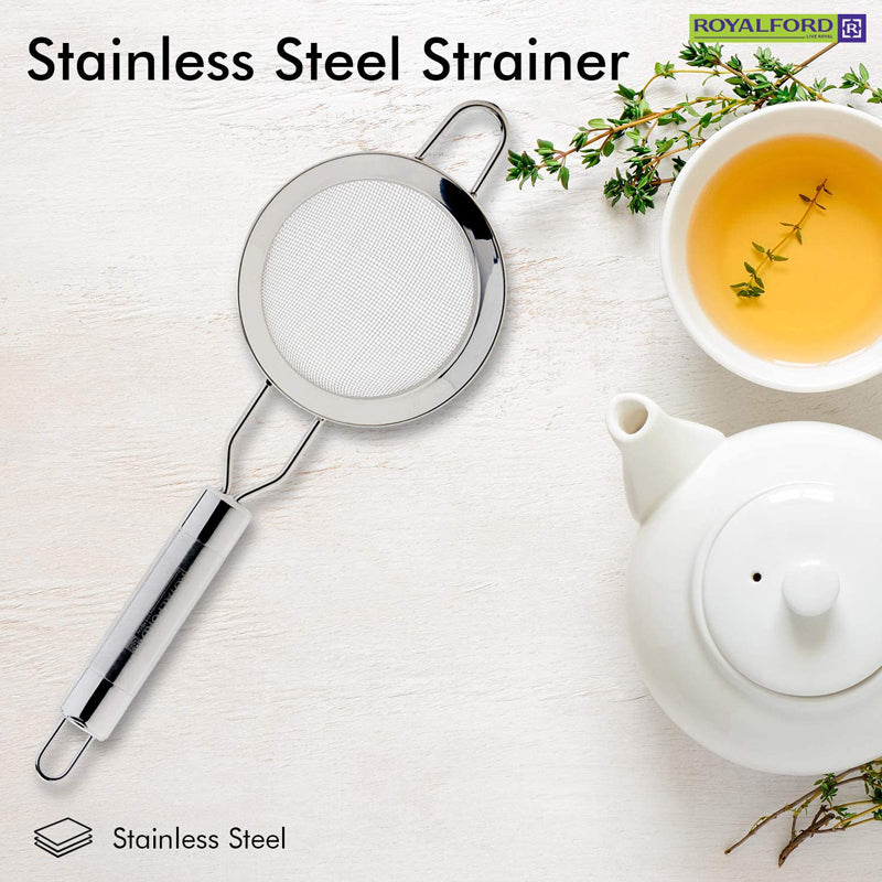 Royalford Stainless Steel Tea Strainer, 6.5 CM - Premium Fine Mesh Tea Strainer- Sieve Solution with Non-Slip Handle- Ideal Size for Straining Teas and Cocktails or Sifting Flour Sugar Spices & Herbs
