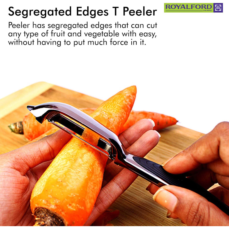 Royalford Stainless Steel Metal T Peeler – Tube-Shaped Swivel Peeler Perfect for Peeling – Quick & Effective Peeling with Segregated Edges, Vegetable & Fruit Peeler/Slicer for Quick Smooth Peeling