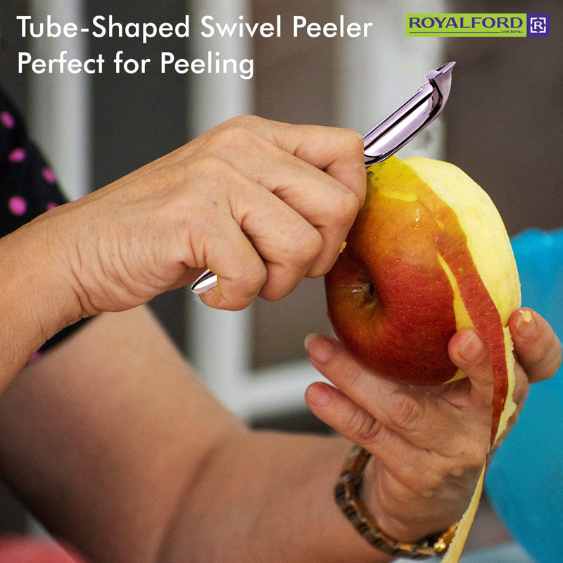 Royalford Stainless Steel Metal T Peeler – Tube-Shaped Swivel Peeler Perfect for Peeling – Quick & Effective Peeling with Segregated Edges, Vegetable & Fruit Peeler/Slicer for Quick Smooth Peeling