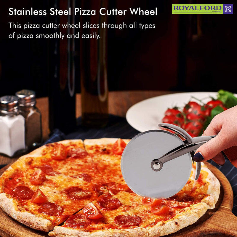 Royalford Stainless Steel Pizza Cutter Wheel - Equipped with Ultra Sharp Blade, Slip-Proof Ergonomic Handle and Classic Design - Ideal for Pizza, Pies, Waffles and Dough Cookies