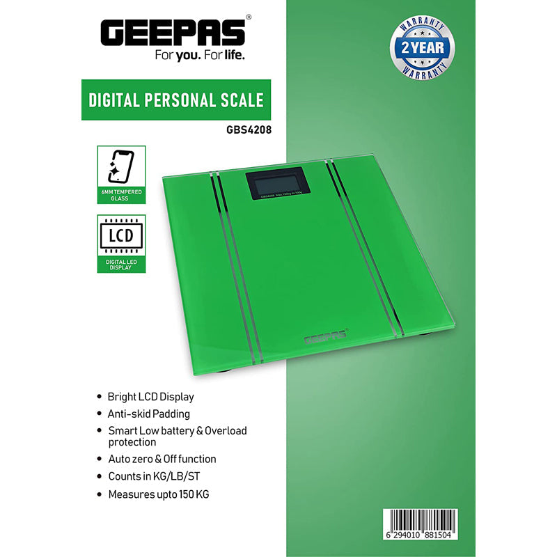 Geepas Digital Personal Scales - Easy Read Display, Large Platform for More Foot Room, Step-On for Instant Weight Reading, Max Capacity 150 kg