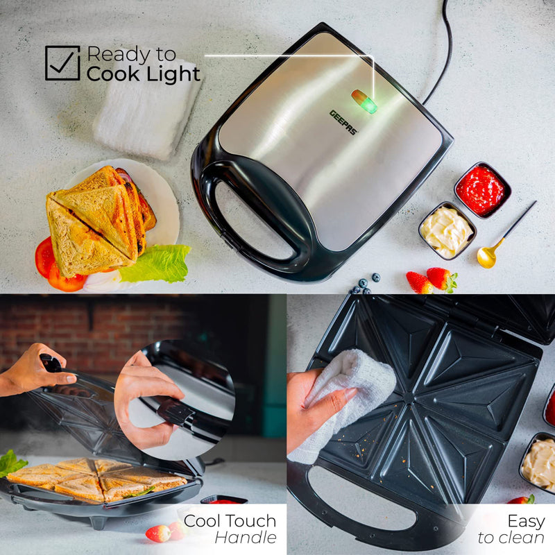 Geepas 1100W 4 Slice Sandwich Maker - Cooks Delicious Crispy Sandwiches - Cool Touch Handle, Automatic Temperature Control and Non-Stick Plate