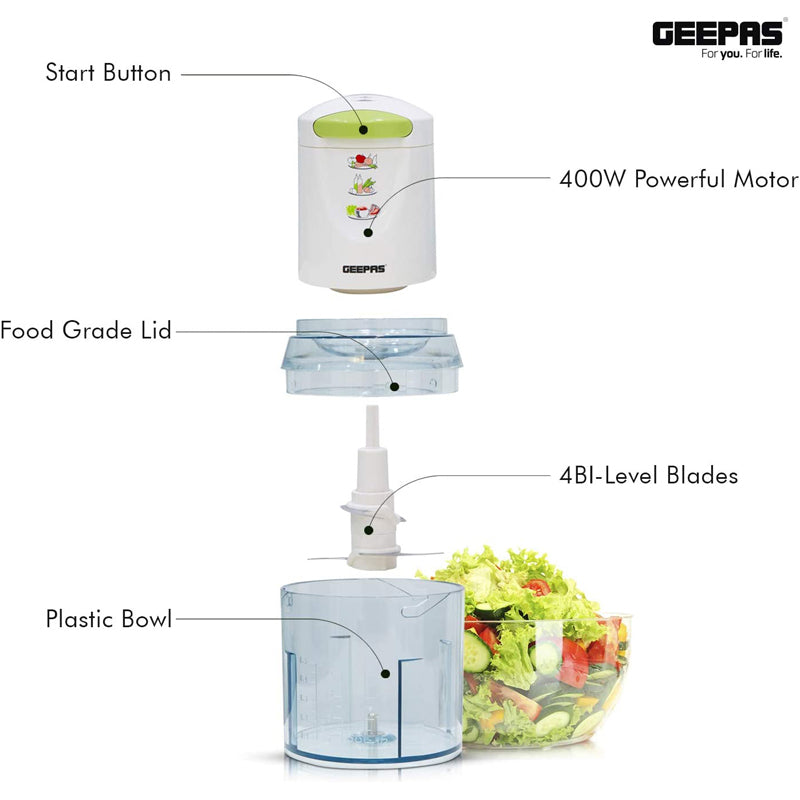 Geepas 400W Mini Food Processor 500Ml Food Chopper, 4 Bi Level Stainless Steel Double Blades For Blending & Chopping Perfect For Salads Salsa Pesto