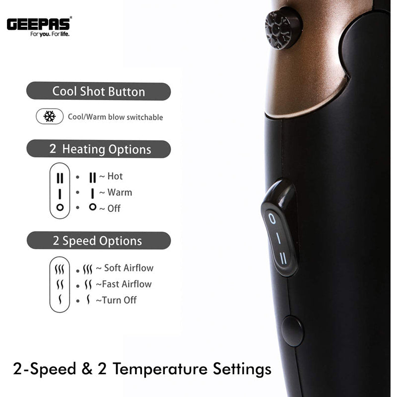 Geepas GH8642 1600W Mini Hair Dryer With Foldable Handle - 2-Speed & 2 Temperature Settings | Cool Shot Function |Ideal For All Types Of Hairs | 2 Years Warranty