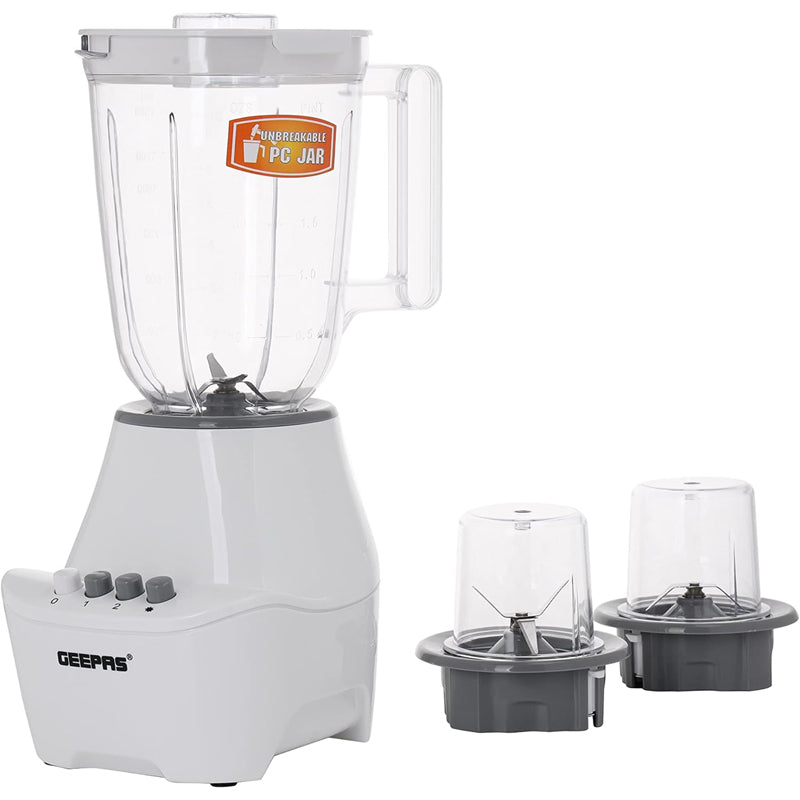 Geepas 400W 3 in 1 Blender - 1.5L Unbreakable Jar, 2 Sharp Stainless-Steel Blades with 2 Speed & Pulse | 2Pc Small Mill, Coffee/Spice Grinder Included | Ideal for Smoothie, Juice